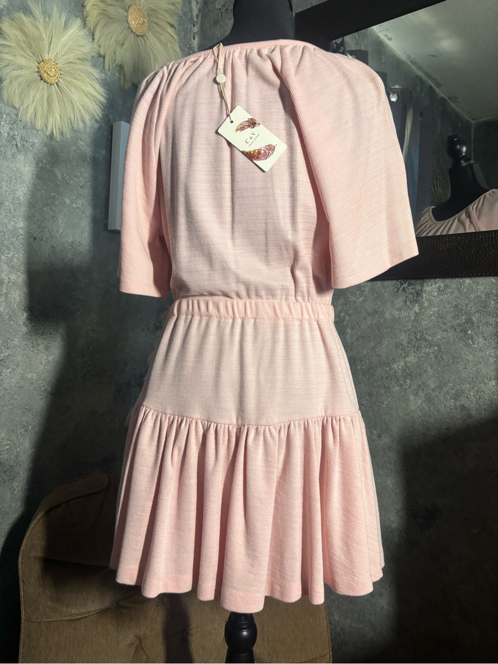 Light Pink Tiered Mini Dress with Flutter Sleeves - Picture 8 of 11